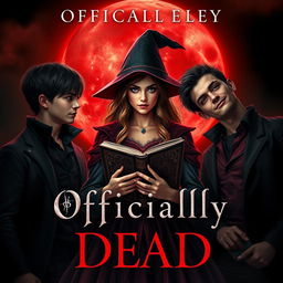 A captivating book cover for 'Officially Dead', featuring a teenage witch at the center, confidently holding an ancient book