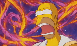 Anime-style portrait of Homer Simpson in Dragonball attire with enhanced muscular structure and energy waves radiating from him against a vibrant battle scene