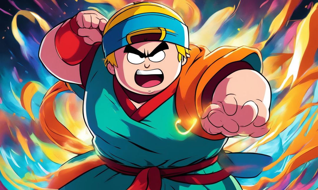 Anime-style portrait of Eric Cartman in Dragonball attire with enhanced muscular structure and energy waves radiating from him against a vibrant battle scene