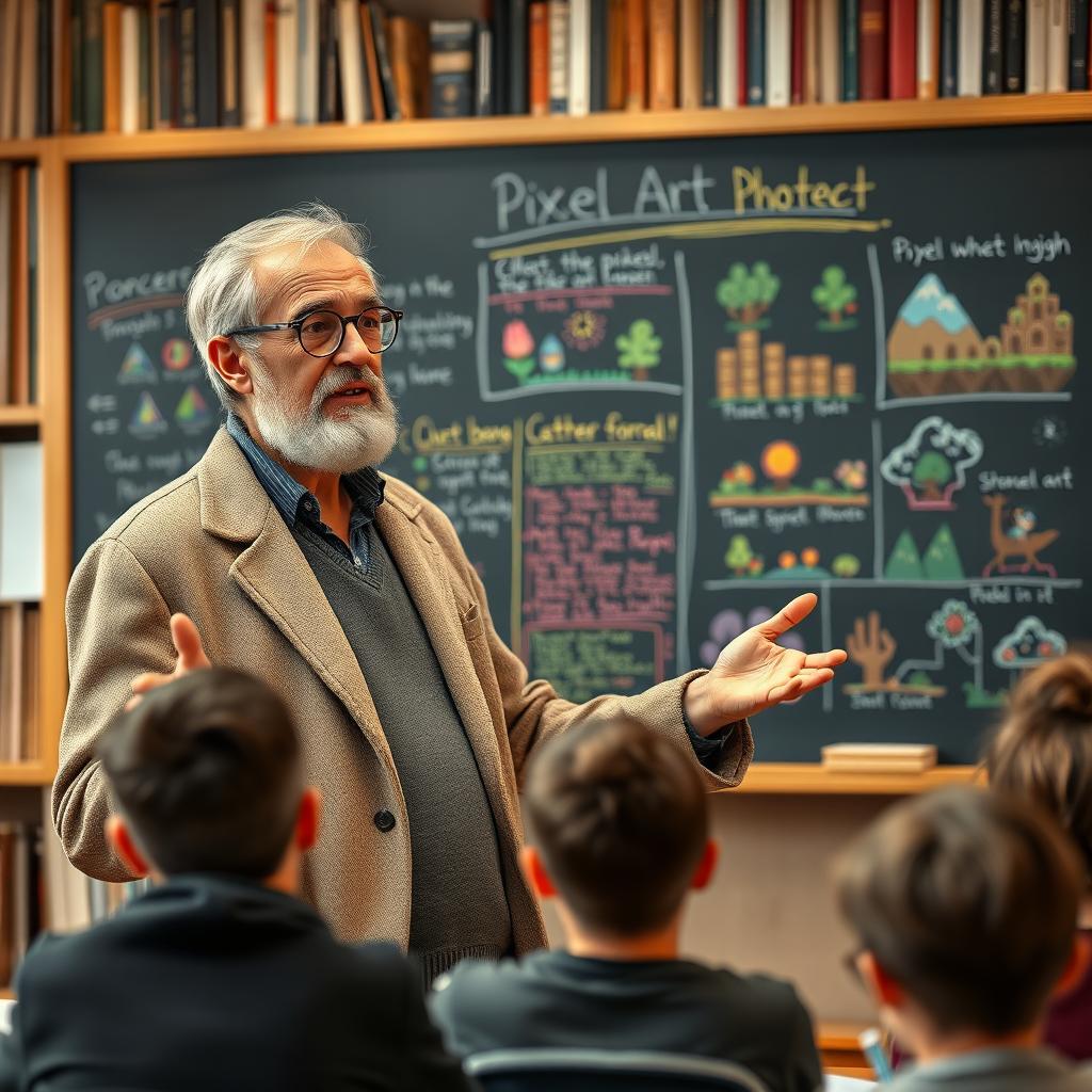 A psychologist resembling a wise, aging professor, standing in front of a large chalkboard filled with colorful notes and diagrams