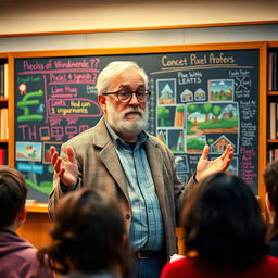 A psychologist resembling a wise, aging professor, standing in front of a large chalkboard filled with colorful notes and diagrams