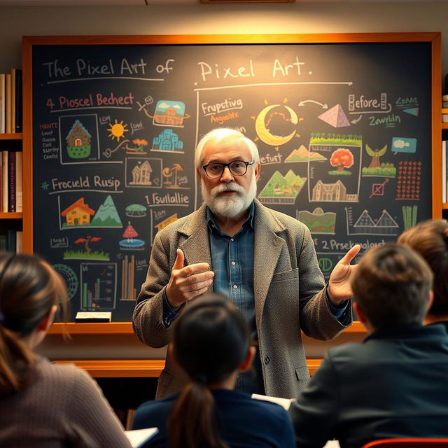 A psychologist resembling a wise, aging professor, standing in front of a large chalkboard filled with colorful notes and diagrams