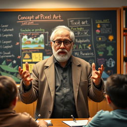 A psychologist resembling a wise, aging professor, standing in front of a large chalkboard filled with colorful notes and diagrams