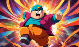 Anime-style portrait of Eric Cartman in Dragonball attire with enhanced muscular structure and energy waves radiating from him against a vibrant battle scene