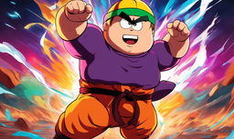 Anime-style portrait of Eric Cartman in Dragonball attire with enhanced muscular structure and energy waves radiating from him against a vibrant battle scene