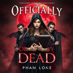 A striking book cover for 'Officially Dead', featuring a teenage witch at the center, confidently holding an ancient, mystical book