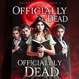 A striking book cover for 'Officially Dead', featuring a teenage witch at the center, confidently holding an ancient, mystical book