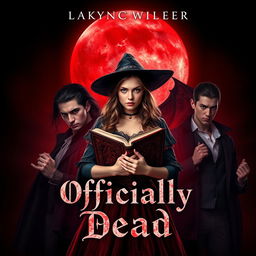 A striking book cover for 'Officially Dead', featuring a teenage witch at the center, confidently holding an ancient, mystical book