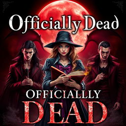 A striking book cover for 'Officially Dead', featuring a teenage witch at the center, confidently holding an ancient, mystical book