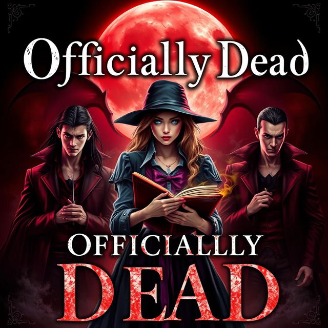 A striking book cover for 'Officially Dead', featuring a teenage witch at the center, confidently holding an ancient, mystical book