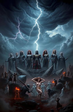 A dramatic fantasy landscape depicting the concept of 'Eternal War: The Seven Sins that Ruined the Horizon', showcasing a tumultuous battlefield with seven colossal statues representing each of the seven deadly sins: pride, greed, lust, envy, gluttony, wrath, and sloth