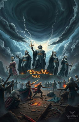 A dramatic fantasy landscape depicting the concept of 'Eternal War: The Seven Sins that Ruined the Horizon', showcasing a tumultuous battlefield with seven colossal statues representing each of the seven deadly sins: pride, greed, lust, envy, gluttony, wrath, and sloth