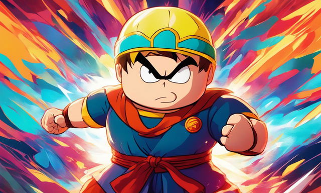 Anime-style portrait of Eric Cartman in Dragonball attire with enhanced muscular structure and energy waves radiating from him against a vibrant battle scene