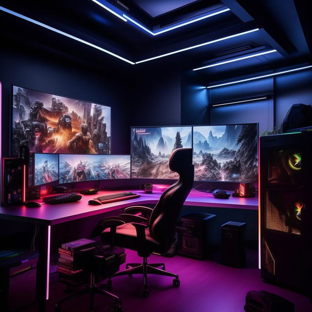 A modern office space transformed into a dynamic gaming room, complete with a large desk, ergonomic chair, high-end gaming PC with multiple monitors, ambient lighting, gaming posters on the walls, and organized cable management