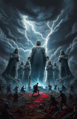A dramatic fantasy landscape depicting the concept of 'Eternal War: The Seven Sins that Ruined the Horizon', showcasing a tumultuous battlefield with seven colossal statues representing each of the seven deadly sins: pride, greed, lust, envy, gluttony, wrath, and sloth