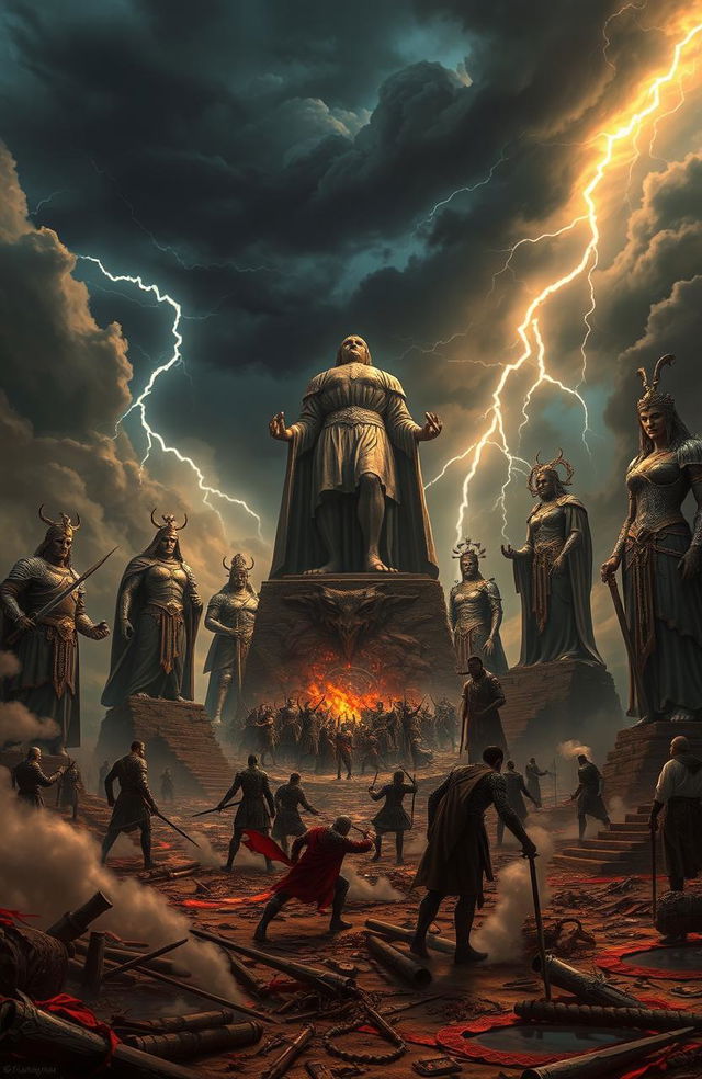 A dramatic fantasy landscape depicting the concept of 'Eternal War: The Seven Sins that Ruined the Horizon', showcasing a tumultuous battlefield with seven colossal statues representing each of the seven deadly sins: pride, greed, lust, envy, gluttony, wrath, and sloth