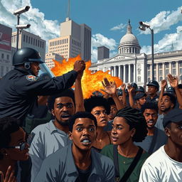 A powerful and thought-provoking scene depicting the oppressive power of the state and police, showcasing the systemic violence against racialized individuals