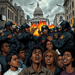 A powerful and thought-provoking scene depicting the oppressive power of the state and police, showcasing the systemic violence against racialized individuals