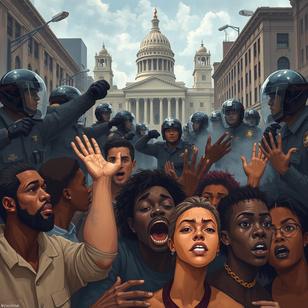 A powerful and thought-provoking scene depicting the oppressive power of the state and police, showcasing the systemic violence against racialized individuals