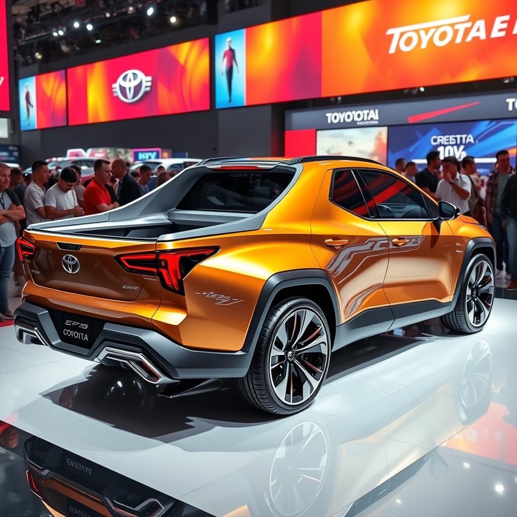 A futuristic concept car design of a Toyota Corolla Cross pickup, showcased at an autoshow