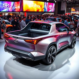 A futuristic concept car design of a Toyota Corolla Cross pickup, showcased at an autoshow
