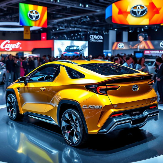 A futuristic concept car design of a Toyota Corolla Cross pickup, showcased at an autoshow