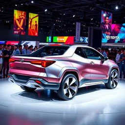 A futuristic concept car design of a Toyota Corolla Cross pickup, showcased at an autoshow