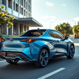 A futuristic 2025 Toyota Corolla pickup, showcasing a sleek and modern design with aerodynamic lines
