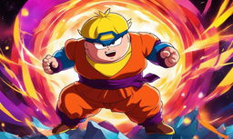 Anime-style portrait of Eric Cartman in Dragonball Z attire with enhanced muscular structure and energy waves radiating from him against a vibrant battle scene