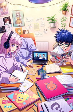 A vibrant and stylish anime-inspired study table scene featuring a group of four young adults enthusiastically engaging in music and study activities