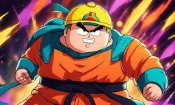 Anime-style portrait of Eric Cartman in Dragonball Z attire with enhanced muscular structure and energy waves radiating from him against a vibrant battle scene