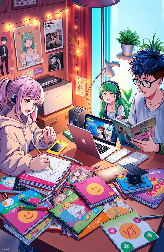 A vibrant and stylish anime-inspired study table scene featuring a group of four young adults enthusiastically engaging in music and study activities