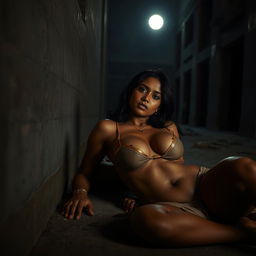 A sultry Indian woman exuding an alluring presence, dressed in minimal clothing that artfully reveals her cleavage and navel, lying on the floor of an unfinished building at night, leaning against a wall