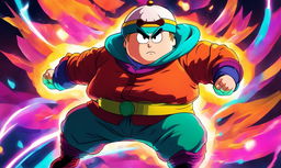 Anime-style portrait of Eric Cartman in Dragonball Z attire with enhanced muscular structure and energy waves radiating from him against a vibrant battle scene