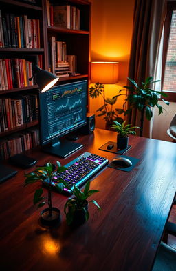 A cozy study table featuring a modern PC setup