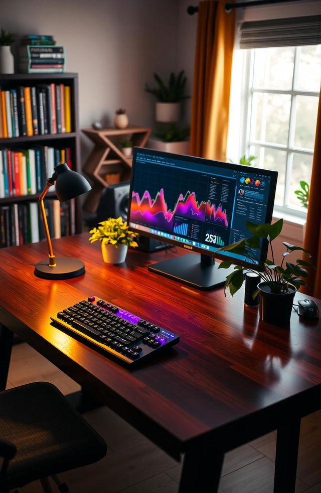 A cozy study table featuring a modern PC setup