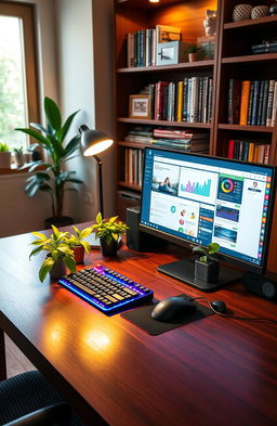 A cozy study table featuring a modern PC setup