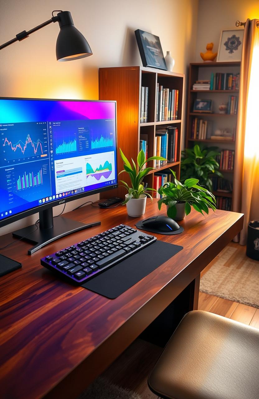 A cozy study table featuring a modern PC setup