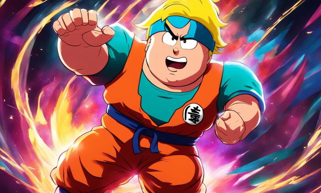 Anime-style portrait of Eric Cartman in Dragonball Z attire with enhanced muscular structure and energy waves radiating from him against a vibrant battle scene