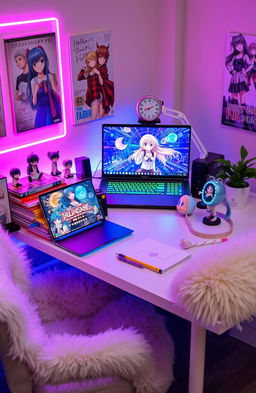 An aesthetic otaku study table arranged beautifully, featuring various anime figurines, colorful manga books stacked neatly, a high-quality gaming laptop displaying vibrant anime artwork, cute stationery items such as pastel colored pens and notebooks, a cozy plush chair, and ambient lighting with LED strips in pink and blue hues adding a warm atmosphere
