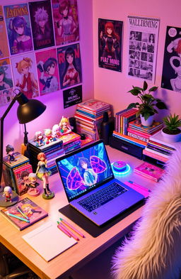 An aesthetic otaku study table arranged beautifully, featuring various anime figurines, colorful manga books stacked neatly, a high-quality gaming laptop displaying vibrant anime artwork, cute stationery items such as pastel colored pens and notebooks, a cozy plush chair, and ambient lighting with LED strips in pink and blue hues adding a warm atmosphere