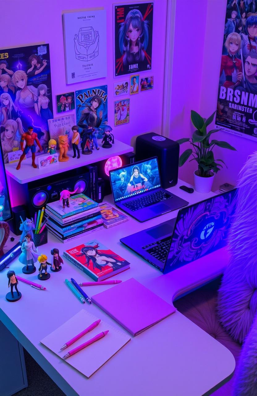 An aesthetic otaku study table arranged beautifully, featuring various anime figurines, colorful manga books stacked neatly, a high-quality gaming laptop displaying vibrant anime artwork, cute stationery items such as pastel colored pens and notebooks, a cozy plush chair, and ambient lighting with LED strips in pink and blue hues adding a warm atmosphere