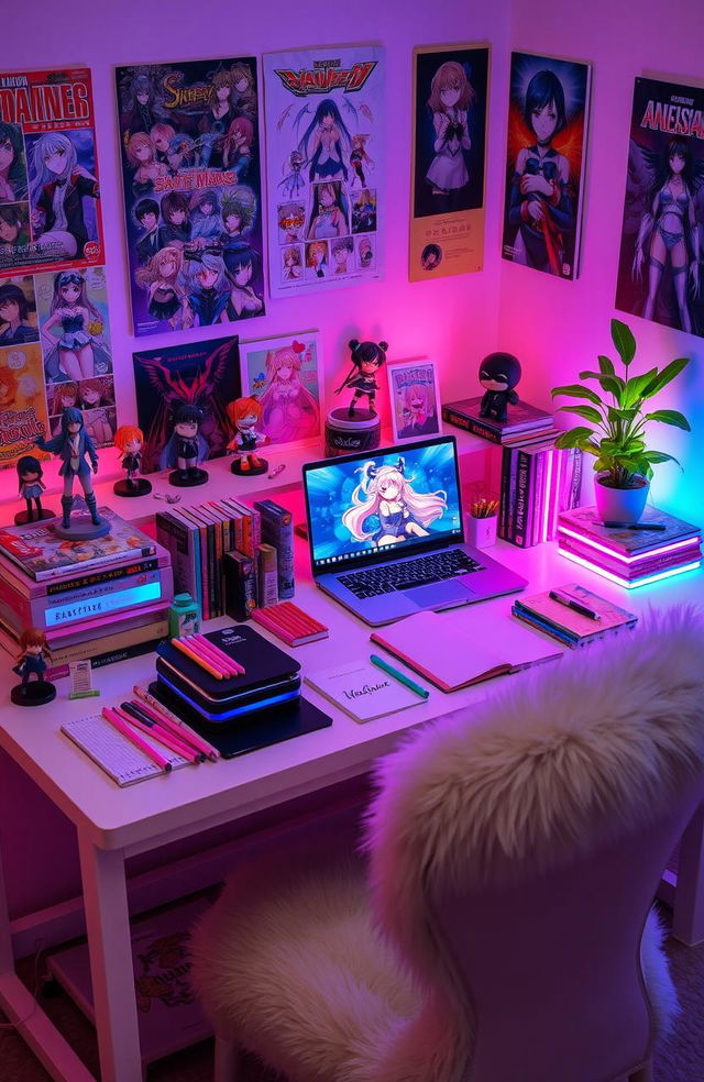 An aesthetic otaku study table arranged beautifully, featuring various anime figurines, colorful manga books stacked neatly, a high-quality gaming laptop displaying vibrant anime artwork, cute stationery items such as pastel colored pens and notebooks, a cozy plush chair, and ambient lighting with LED strips in pink and blue hues adding a warm atmosphere