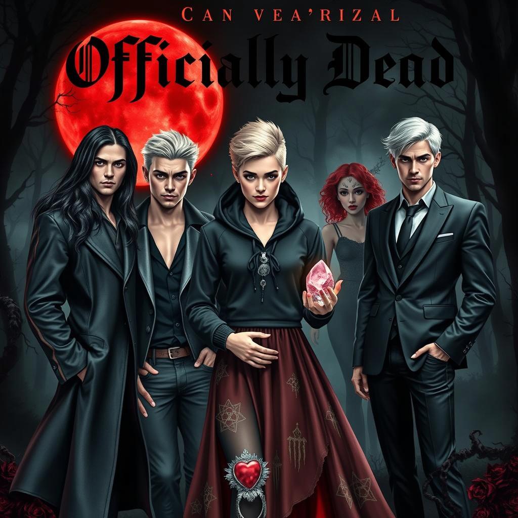 A striking book cover for the novel 'Officially Dead' featuring three vampire brothers and a teenage witch girl