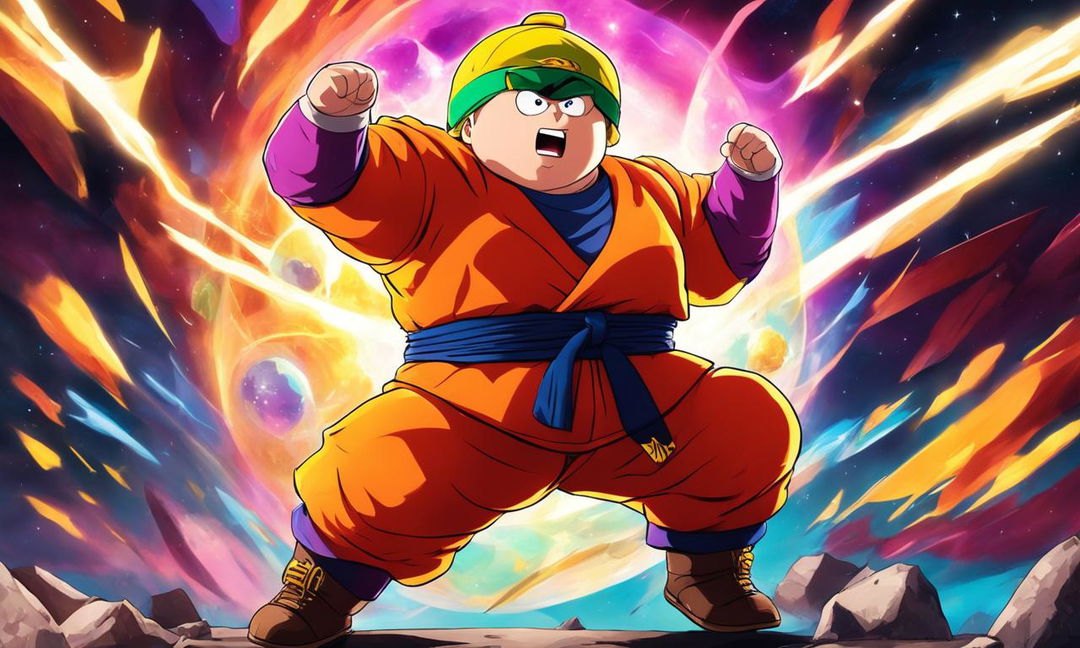 Anime-style portrait of Eric Cartman in Dragonball Z attire with enhanced muscular structure and energy waves radiating from him against a vibrant battle scene