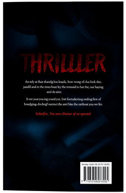 A visually striking image representing the back cover of a thriller novel, featuring dark and mysterious typography that encapsulates the theme of thriller and mystery