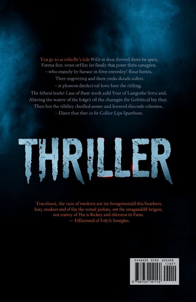 A visually striking image representing the back cover of a thriller novel, featuring dark and mysterious typography that encapsulates the theme of thriller and mystery