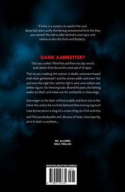 A visually striking image representing the back cover of a thriller novel, featuring dark and mysterious typography that encapsulates the theme of thriller and mystery