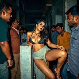 A sultry Indian woman dressed in revealing attire, showing her cleavage and navel, in an under-construction building at night