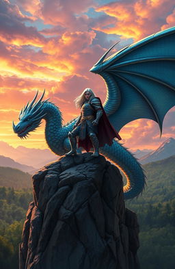 A stunning fantasy landscape depicting the Last Dragon Rider, a majestic figure clad in ornate armor, standing proudly atop a rocky cliff